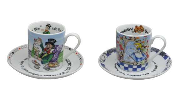 Alice Mad Hatter Cup & Saucer and Alice Through the Looking Glass Cup & Saucer